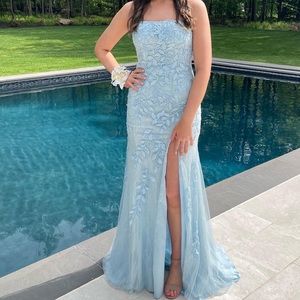 blue lace strapless Amarra prom dress